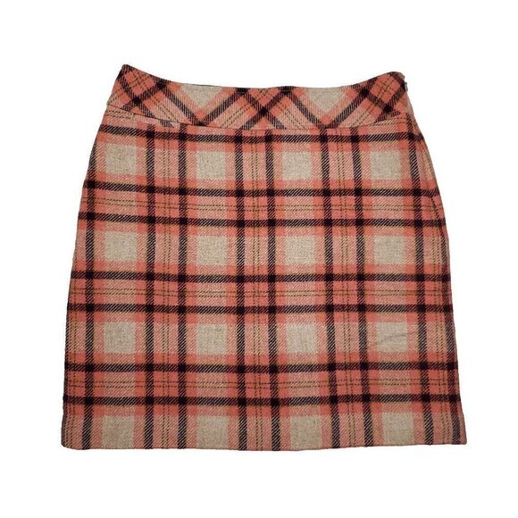 LL Bean Wool Plaid Tartan Skirt 14 Petite Straight Coral Orange Pink Wine Preppy - Picture 1 of 5
